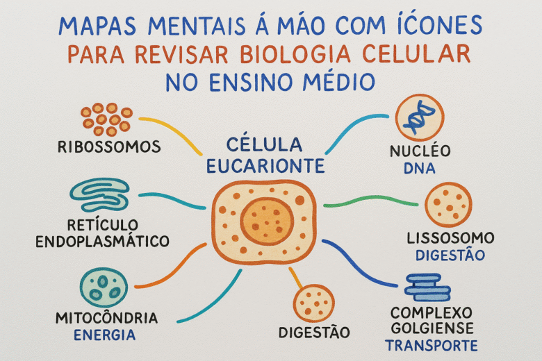 Mapas mentais à mão com ícones para revisar biologia celular no ensino médio