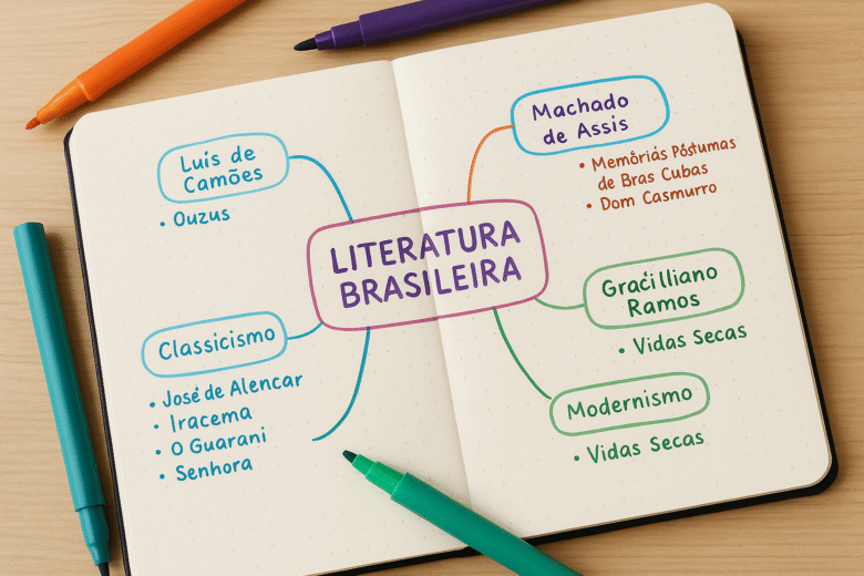 Mapas mentais em caderno pontilhado para resumos de literatura brasileira
