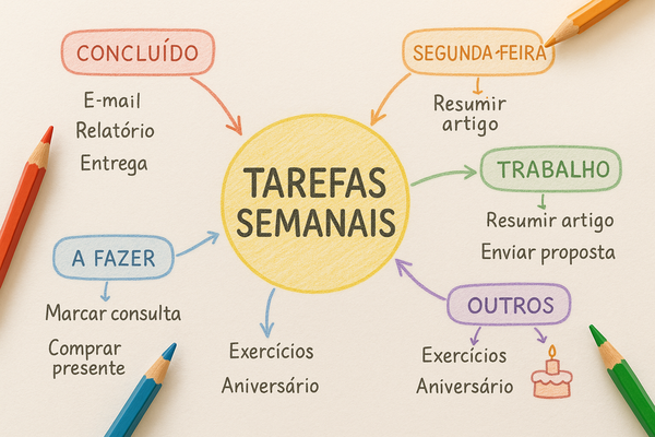 Mapas-mentais-para-organizacao-de-tarefas-semanais-usando-lapis-de-cor-e-setas-ilustrativas