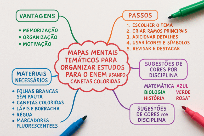 Mapas mentais temáticos para organizar estudos para o ENEM usando canetas coloridas