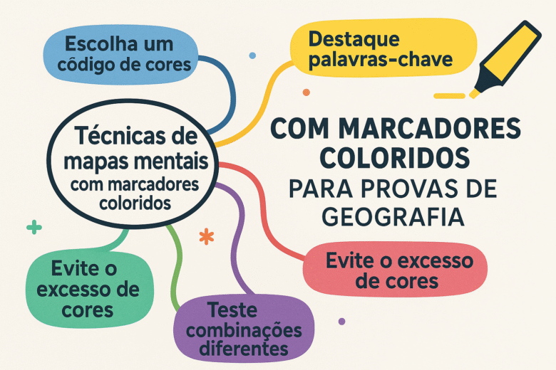 Técnicas de mapas mentais com marcadores coloridos para provas de geografia